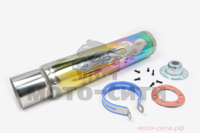 Прямоточный глушитель на скутер, мопед, мотоцикл 420*100mm (цвет радуга, mod:3, рисунок пламя, под крепёж Ø 78mm)