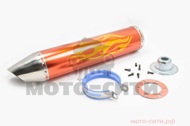Прямоточный глушитель на скутер, мопед, мотоцикл 420*100mm (цвет золото, mod:3, рисунок пламя, под крепёж Ø 78mm)