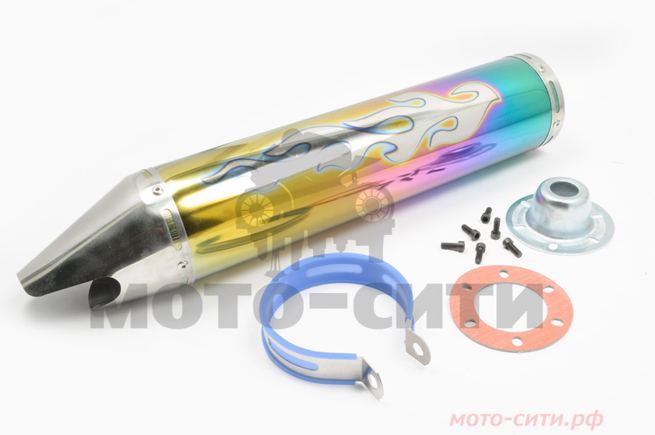 Прямоточный глушитель на скутер, мопед, мотоцикл 420*100mm (цвет радуга, mod:1, рисунок пламя, под крепёж Ø 78mm)