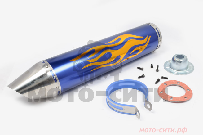 Прямоточный глушитель на скутер, мопед, мотоцикл 420*100mm (цвет синий, mod:3, рисунок пламя, под крепёж Ø 78mm)