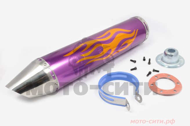 Прямоточный глушитель на скутер, мопед, мотоцикл 420*100mm (цвет фиолетовый, mod:3, рисунок пламя, под крепёж Ø 78mm)