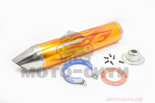 Прямоточный глушитель на скутер, мопед, мотоцикл 420*100mm (цвет красный, mod:3, рисунок пламя, под крепёж Ø 78mm)